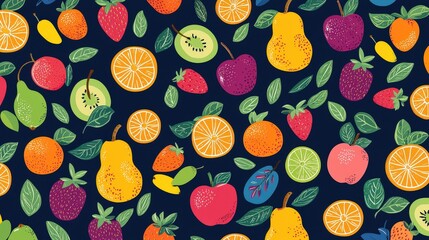 Leinwandbilder - A lively arrangement of fruits including oranges, strawberries, and kiwis interspersed with green leaves on a dark backdrop creates a visually appealing pattern