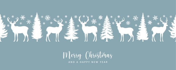 Wall Mural - christmas greeting card with seamless deer and fir tree pattern vector illustration