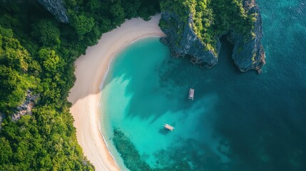 Wall Mural - Aerial view of a tranquil beach surrounded by lush greenery and clear blue waters.