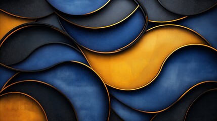 Abstract background with blue, gold, and black curved shapes.