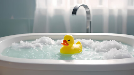 yellow duck toy floating in a bathtub, surrounded by fluffy white foam