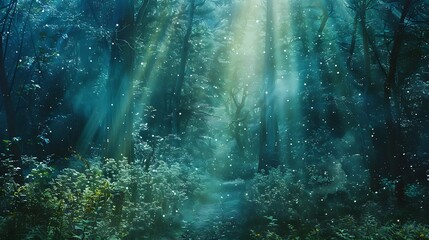 Wall Mural - mystical forest scene with sunlight shining through the trees, creating a magical atmosphere.