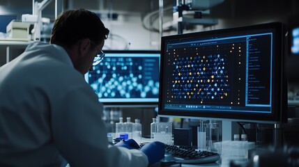 Scientist analyzing data on a computer screen in a laboratory