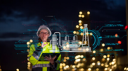 Sticker - Engineer wear uniform and helmet stand workplace hand holding tablet and laptop computer, survey inspection team work plant site to work with night lights oil refinery background.