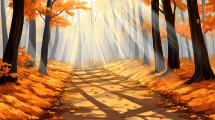 Wall Mural - A painting of a path through the woods with trees and leaves, AI