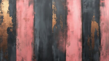 Wall Mural - Close-up of a rustic wood panel painted in pink, black, and gold.