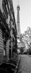 A quiet morning in Paris features empty cobblestone streets lined with elegant buildings, leading towards the iconic Eiffel Tower, framed by trees in a peaceful atmosphere.