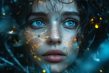 Canvas Print - Close up of a young girl with glowing blue eyes and digital energy patterns symbolizing futuristic vision innovation and the exploration of advanced human potential