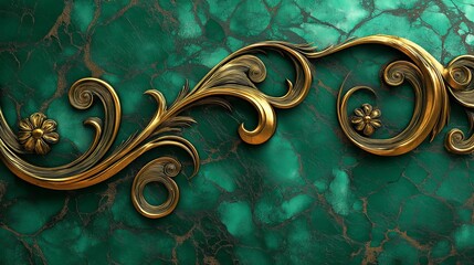 Wall Mural - Ornate gold filigree design on a green marble background.