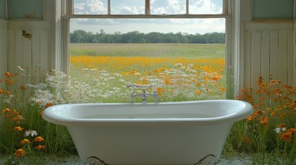 Canvas Print - Bathtub with Window View of Flower Field