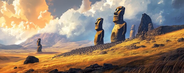 A rugged, windswept landscape of Easter Island, with ancient moai statues casting long shadows under a dramatic sky