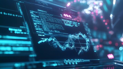 Close-up of a computer screen displaying digital data and a glowing blue waveform