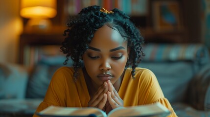 Young Woman in Modern Setting Deep in Prayer with Open Bible