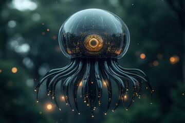 Canvas Print - A giant transparent black glass jellyfish like alien with eye with gold patterns inside floating in the air above a magical forest