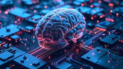 Wall Mural - digital brain rests on a glowing circuit board, representing the merging of human intellect and arti