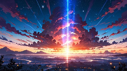 Wall Mural - fantasy world palace view of psychedelic smoky clouds and stars.
