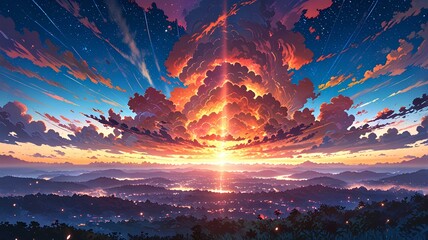 Wall Mural - fantasy world palace view of psychedelic smoky clouds and stars.