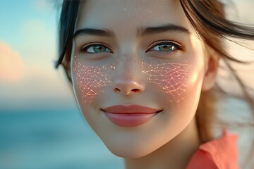 Sticker - Young woman with glowing freckles under soft sunlight symbolizing youthful joy natural beauty and the radiant innocence of carefree moments in nature