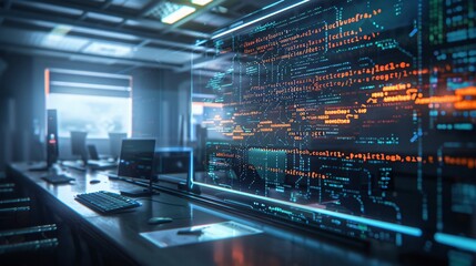 Digital AI data office interior with information 