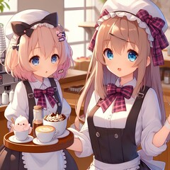 Cute anime girl in cafe waitress uniform, bringing coffee and snacks to customers.