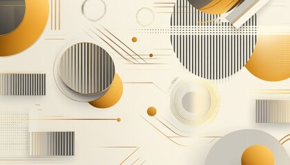 Wall Mural - Line art illustration featuring golden and silver shapes including circles rectangles lines and stripes on a background