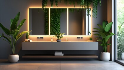 Wall Mural - Sleek modern bathroom featuring double sinks, a glowing mirror, and vibrant indoor plants