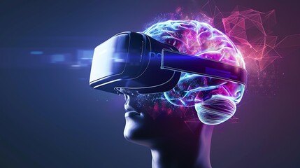 Wall Mural - person wearing a vr headset with their brain illuminated and depicted as a complex network of connec