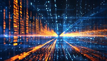 Dynamic abstract representation of digital data with radiant blue and orange lights illustrating intricate connectivity and information flow