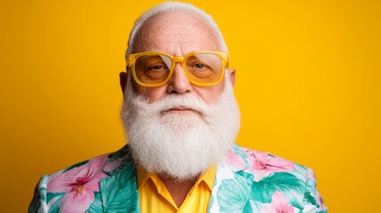 model elderly man with a white beard in a colorful floral suit against a bright yellow background