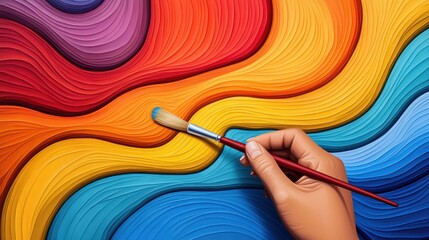 Canvas Print - A hand holding a paintbrush on top of colorful waves, AI