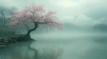 Poster - Tranquil Cherry Blossom Tree by the Lake