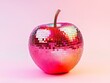 © Rosaria - A shiny disco ball shaped like an apple, reflecting pink and red hues, set against a soft pastel background. AI generative.