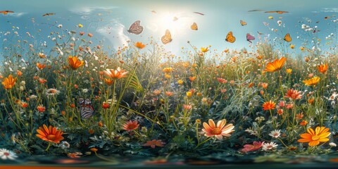 Wall Mural - An immersive 360-degree equirectangular panorama of a sunlit meadow, with wildflowers swaying in the gentle breeze, butterflies flitting