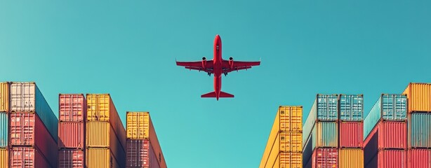 Airplane Taking Off Over Shipping Containers