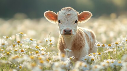 Wall Mural - Young calf standing in a field of daisies, bathed in soft morning light