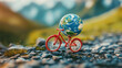 © Jhati - A miniature bicycle carrying a globe on a rocky path in a scenic outdoor environment