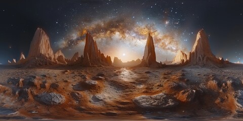 Wall Mural - An immersive 360-degree panorama of a distant exoplanetary system, where alien worlds orbit exotic stars in far-off galaxies