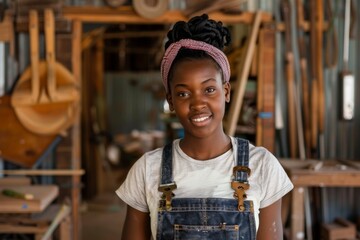 Wall Mural - Portrait of a young African American female carpenter in workshop