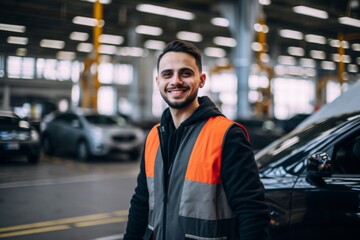 Wall Mural - Smiling portrait of a man working in automotive factory