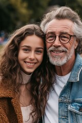 Wall Mural - A cheerful grandfather and granddaughter enjoy a happy day outdoors, sharing smiles and love.