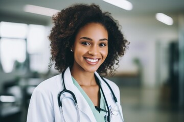 Wall Mural - Smiling portrait of a middle aged African American female doctor in hospital