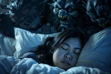 Peaceful sleep is disrupted nightmare monsters woman. Demonic creatures float above woman's bed she tries to sleep night. Fragility of human peace face of inner terror.