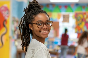 Wall Mural - Portrait of a young African American female volunteer at community center