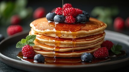 Wall Mural - Delicious Pancakes with Berries and Syrup