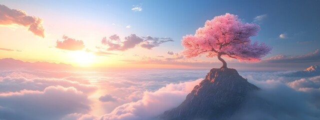  A pink tree on the top of a mountain, a sea of clouds, a sunrise