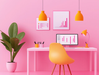 Poster - Pink and Yellow Minimalist Home Office Interior Design.