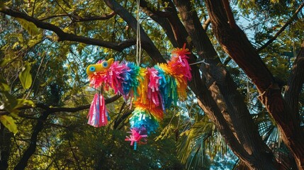 A colorful pi?+/-ata hanging from a tree, ready to be broken open