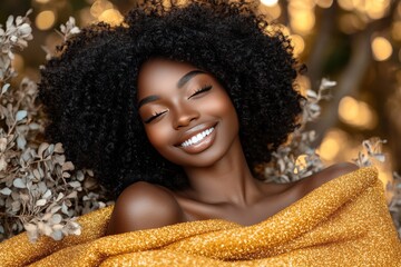 Poster - Portrait of a smiling woman with natural curls illuminated by golden light symbolizing warmth beauty and the joy of living in harmony with nature