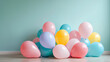© Arief - colorful balloons of various sizes floating against a soft pastel-colored wall background