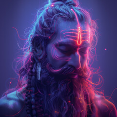 Lord Shiva follower praying. Happy Maha Shivratri. Saivite in  neon lighting portrait